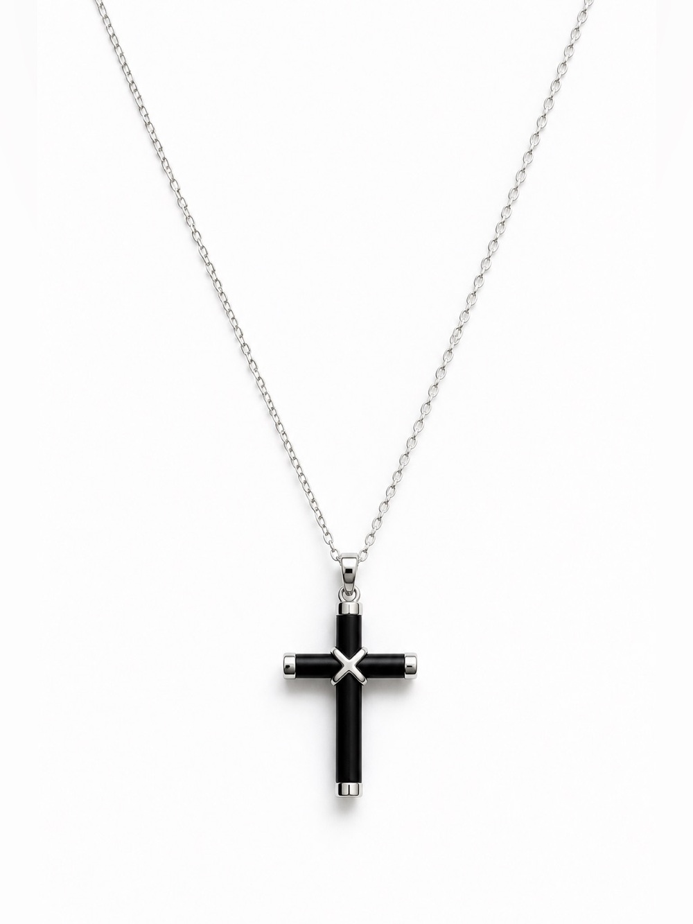 Unisex Black Cross Pendant Necklace Silver Tone Chain Gothic Religious Jewelry